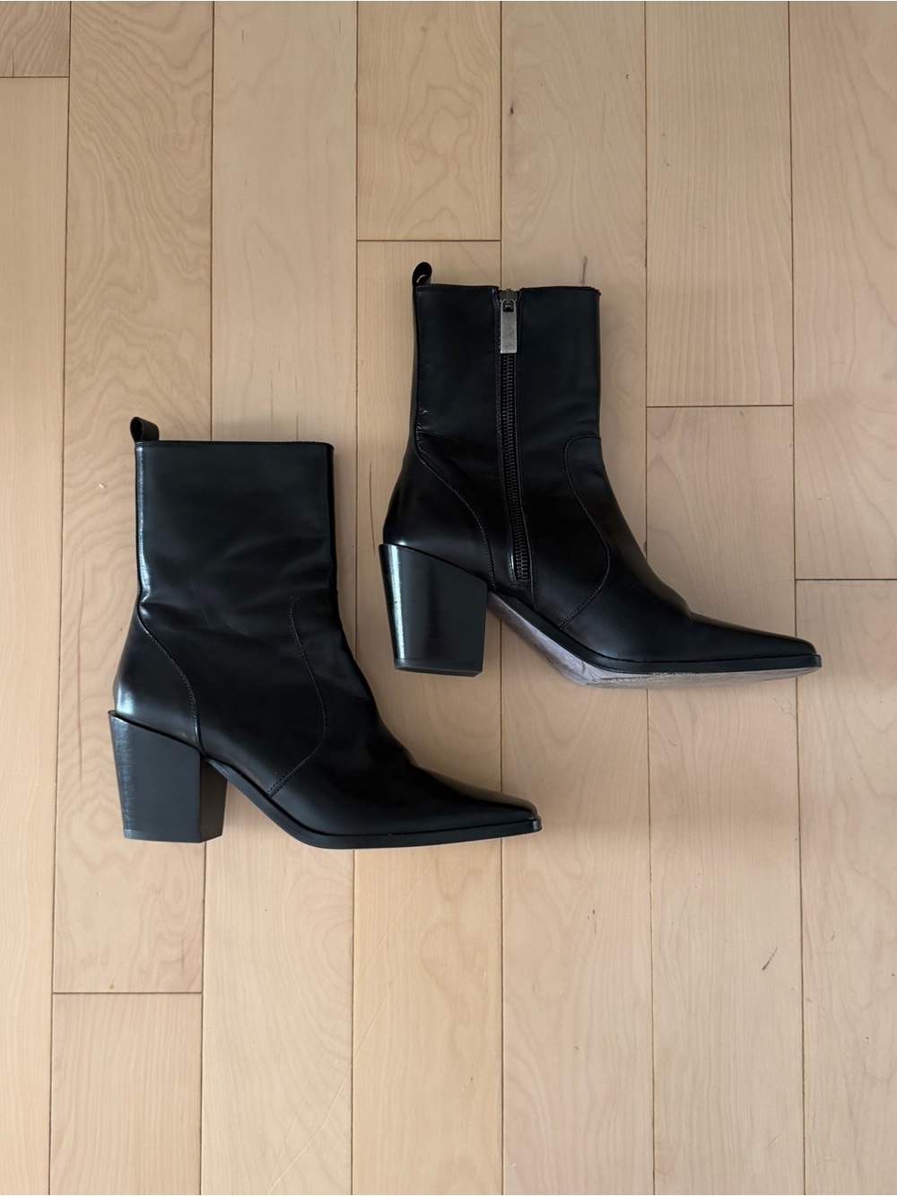 Thursday Everyday Classic Square Toe Black Leather Block Heel Ankle Boots
